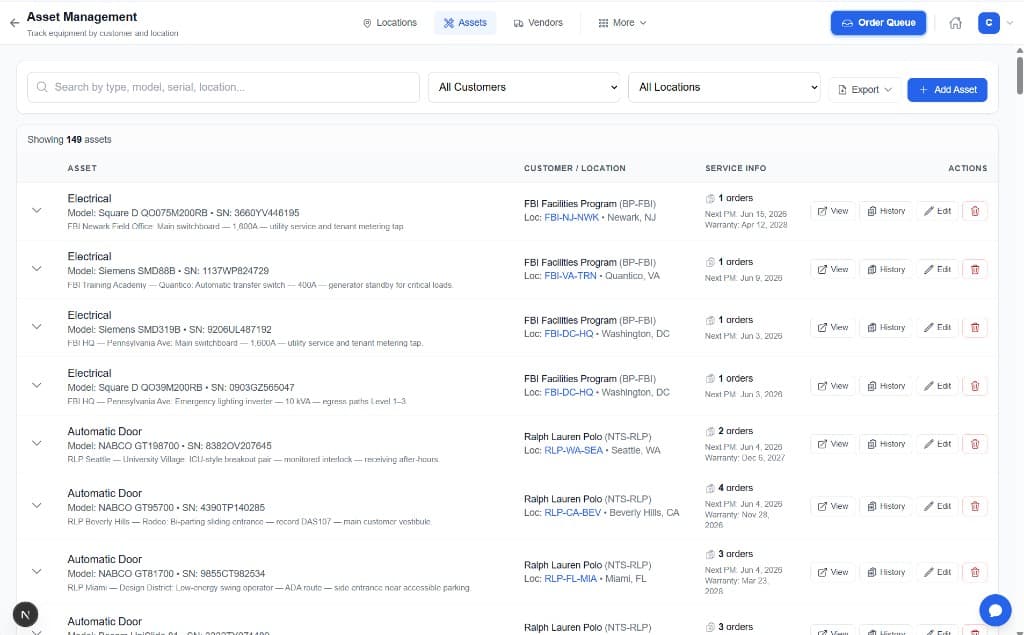 FlowTask asset management screen with customer, location, service, and history details