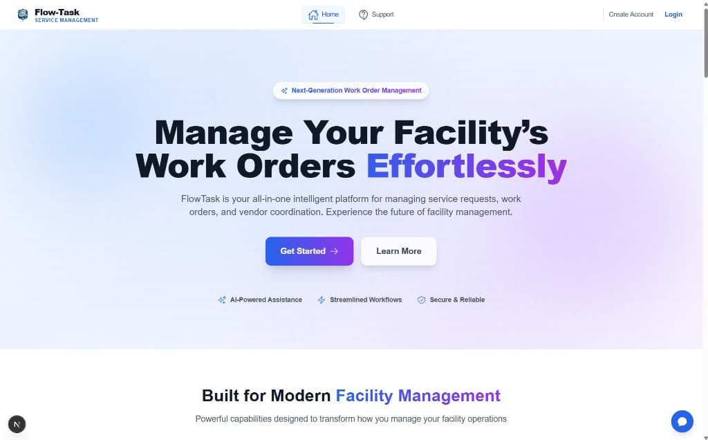 FlowTask public homepage introducing work-order management capabilities