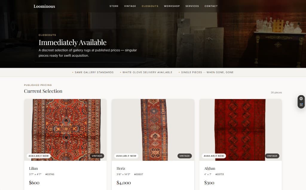 Loominous closeouts page showing immediately available rugs with published pricing