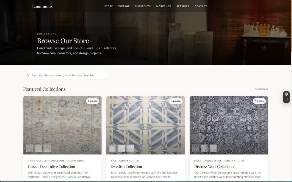Loominous store page showing searchable featured rug collections