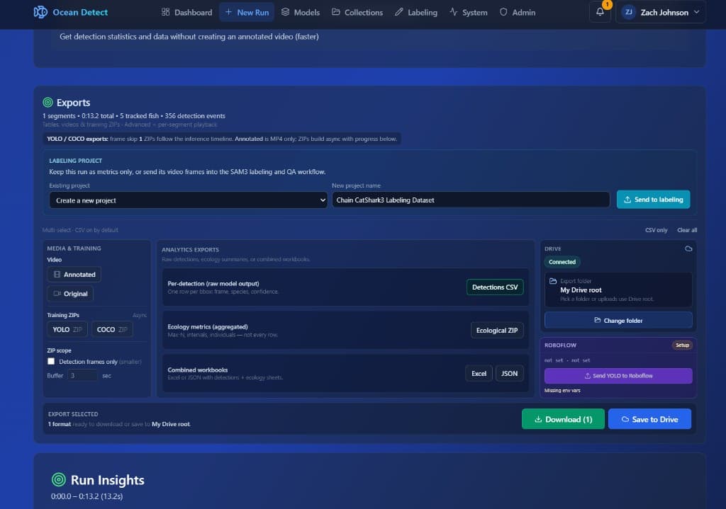 OceanDetect export workspace with labeling, analytics, training, and Drive options