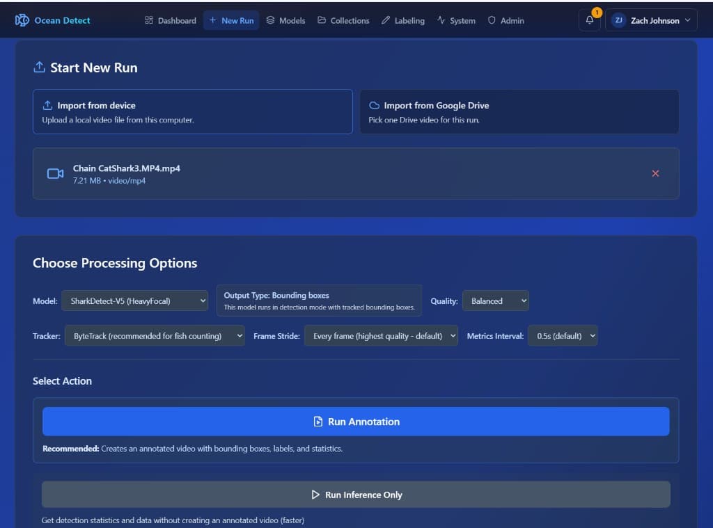 OceanDetect Start New Run screen with model, tracker, quality, and processing options